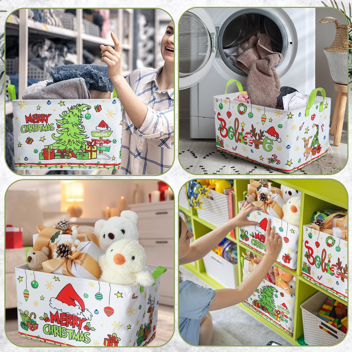 Beeveer 3 Pcs Foldable Christmas Storage Bins with Handle Green Tree Shelf Baskets Fabric Xmas Tree Storage Cube Box for Home Bedroom Office Organizing Closet Gift Baskets