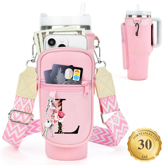 LOKASS Initial Water Bottle Holder with Upgrade Canvas Strap for Stanley 30 oz Tumbler, Gift for Mom Mother's Day Day gifts with Phone Pocket, Personalized Accessories for Stanley Cup, Pink - L