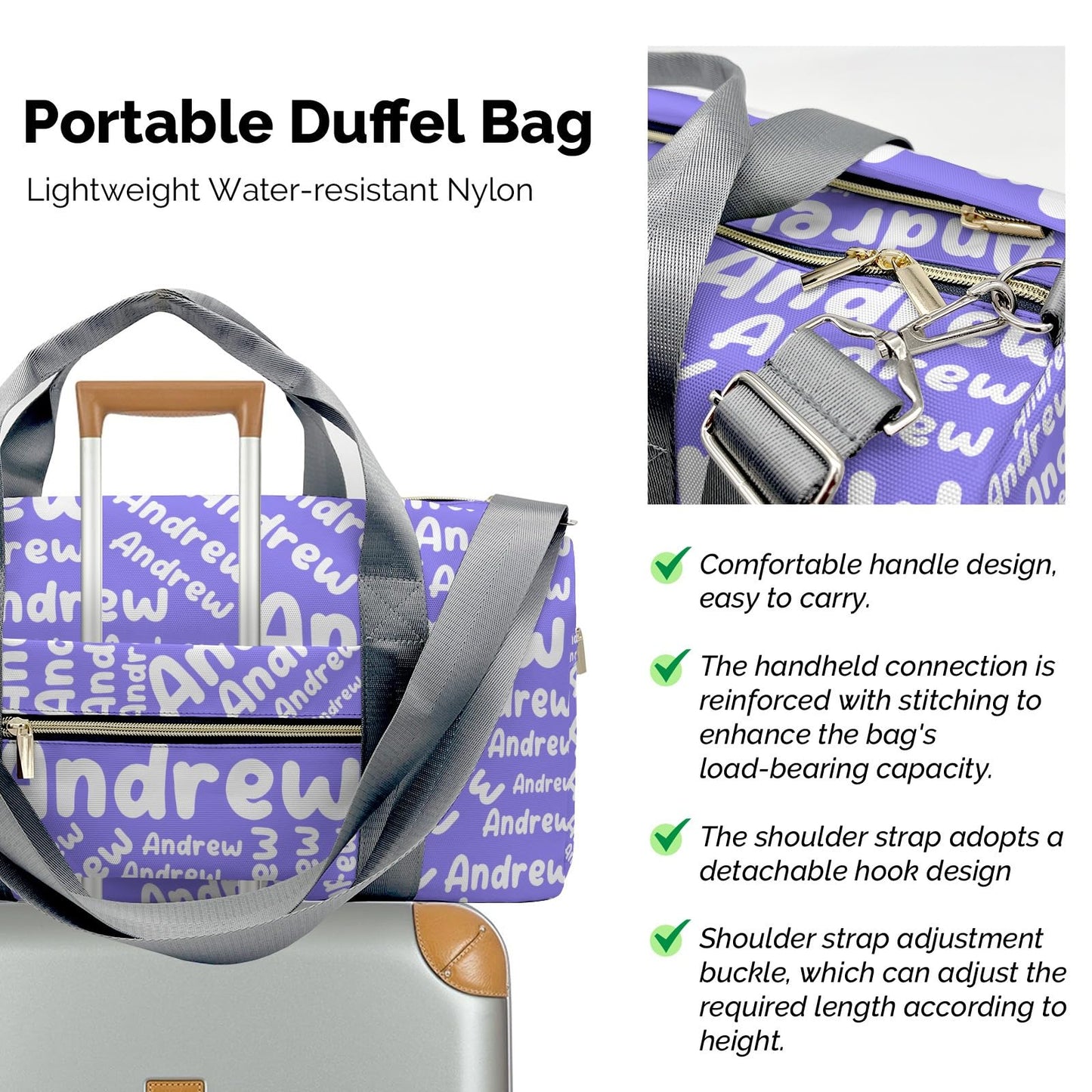 Customized Travel Duffel Bag with Name Weekender Overnight Bags Light Purple Personalized Sports Gym Bag Waterproof Luggage Bag for Women