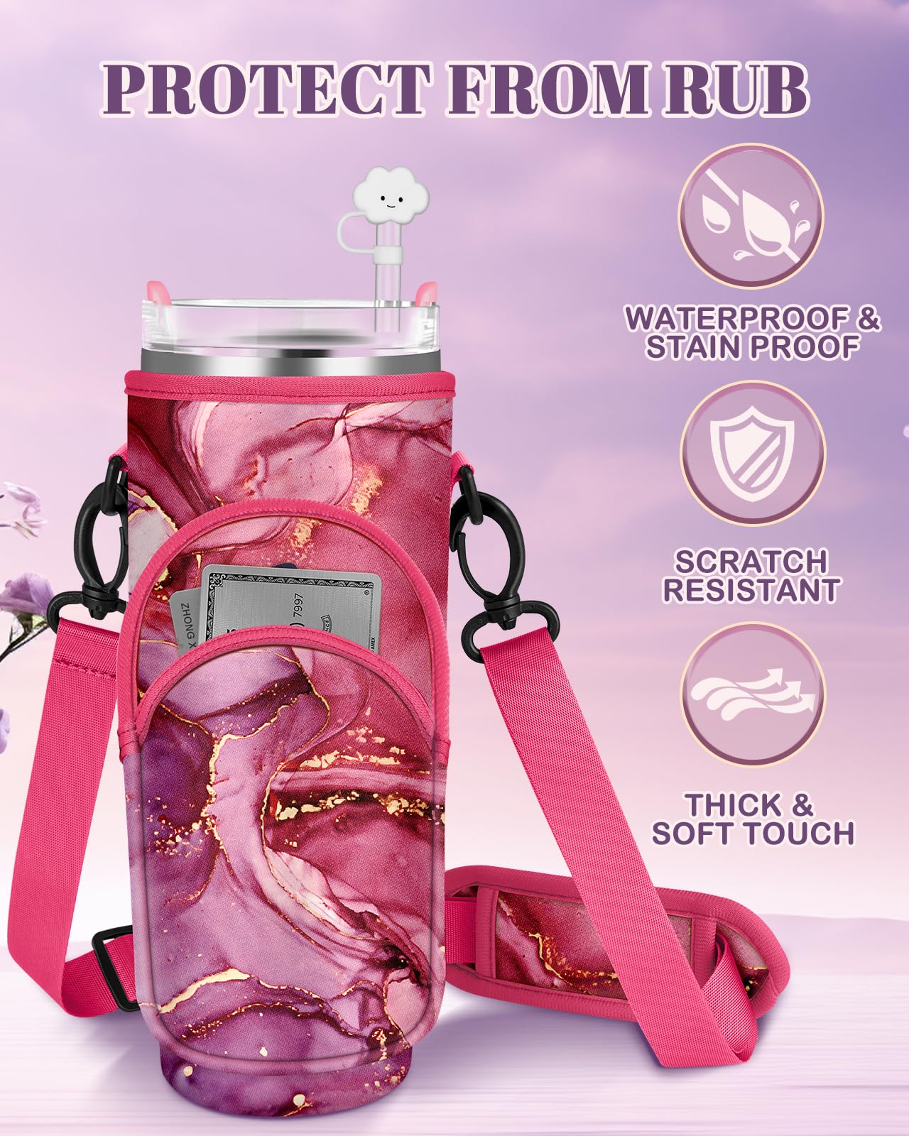 Toykee Water Bottle Holder Carrier Bag for Stanley 40 OZ Tumbler with Strap Phone Pocket, Wrap Around Drink Cup Purse Pouch with Straw Cover Cleaner Brush Accessories Marble Print
