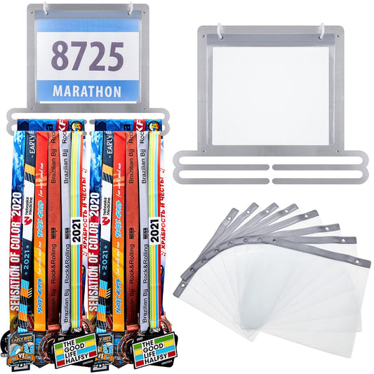Moxweyeni Race Medal and Bib Display Medal Hanger Running Bib and Medal Holder Wall Mounted Hanging Medal Rack Holders with Bib Holder Gifts for Runners, 13.78 x 11.22 Inch (Silver)