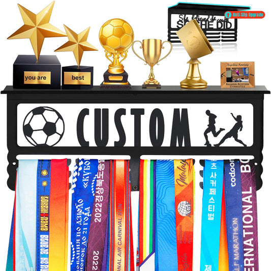 Goutoports Personalized Medal Hanger with Trophy Shelf and Custom Name Display Rack for Awards Ribbons and Trophies - Metal Holders - Holds Up to 60 Medals and Trophies - Gift for Athlete Sport Fan