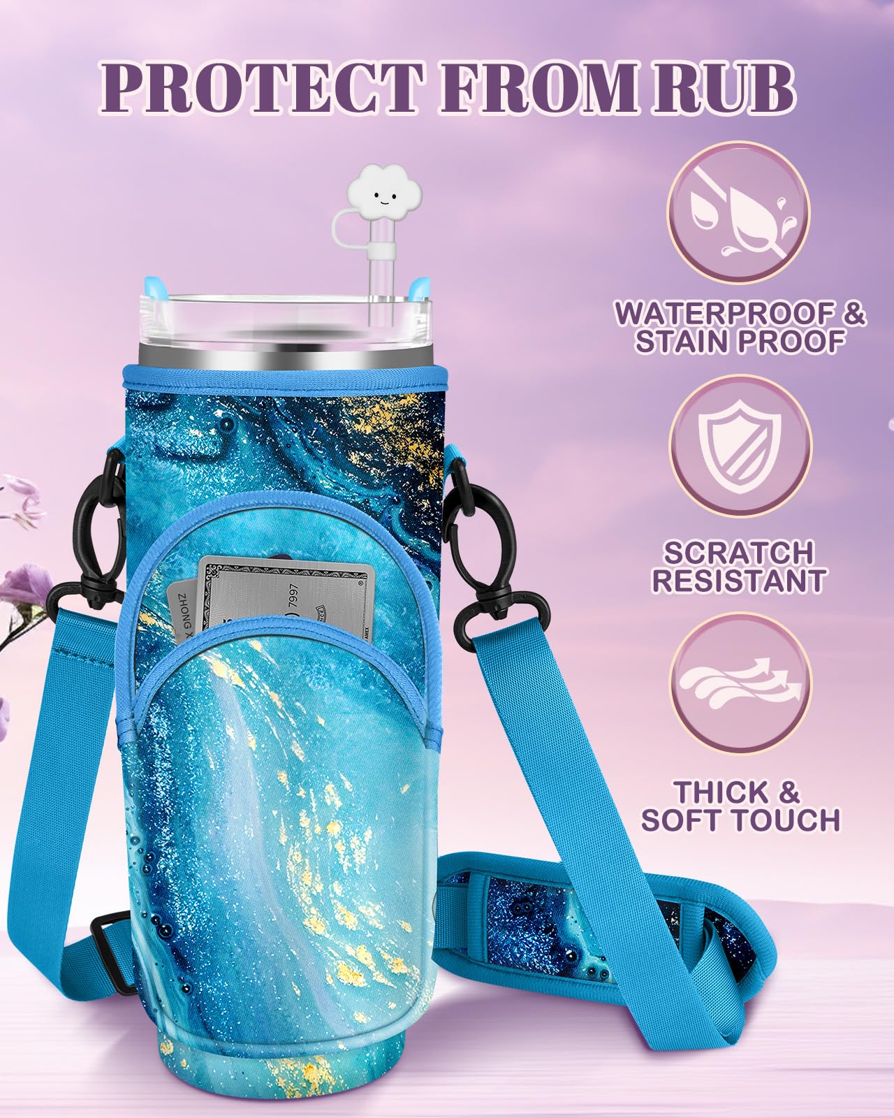 Toykee Water Bottle Holder Carrier Bag for Stanley 40 OZ Tumbler with Strap Phone Pocket, Blue Wrap Around Drink Cup Purse Pouch with Straw Cover Cleaner Brush Accessories Marble Print