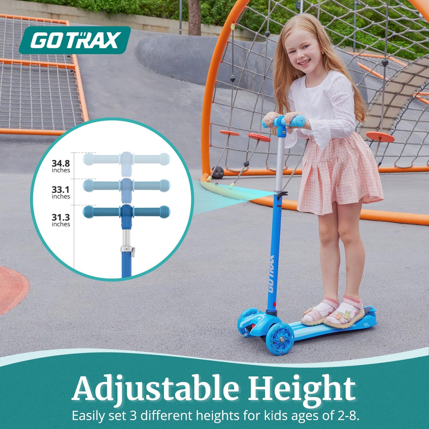 Gotrax KS1 Kids Kick Scooter, LED Lighted Wheels and 3 Adjustable Height Handlebars, Lean-to-Steer & Widen Anti-Slip Deck, 3 Wheel Scooter for Boys & Girls Ages 2-8 and up to 100 Lbs