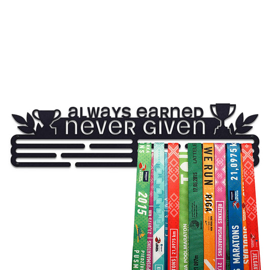 United Medals Sports Medal Hanger Display Race ALWAYS EARNED NEVER GIVEN | Black Race Medal Holder Awards Wall Mount | Running Marathon Race Medal Display for Wall | Steel medal holder for wall