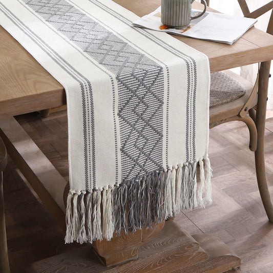 LUFEIJIASHI Woven Table Runners Farmhouse Style,Boho Table Runners 108 inches Long with Tassels Elegant Washable Table Runners for Dining Room ,Wedding,Holiday,Party Table Decor (14.5x108inch, Grey)