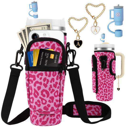 Water Bottle Carrier Bag with Strap for Stanley Cup 40oz Tumbler with Phone Pocket, Keychain Accessories for Stanley Cup Handle, Women Personalized Accessories for Stanley Cup