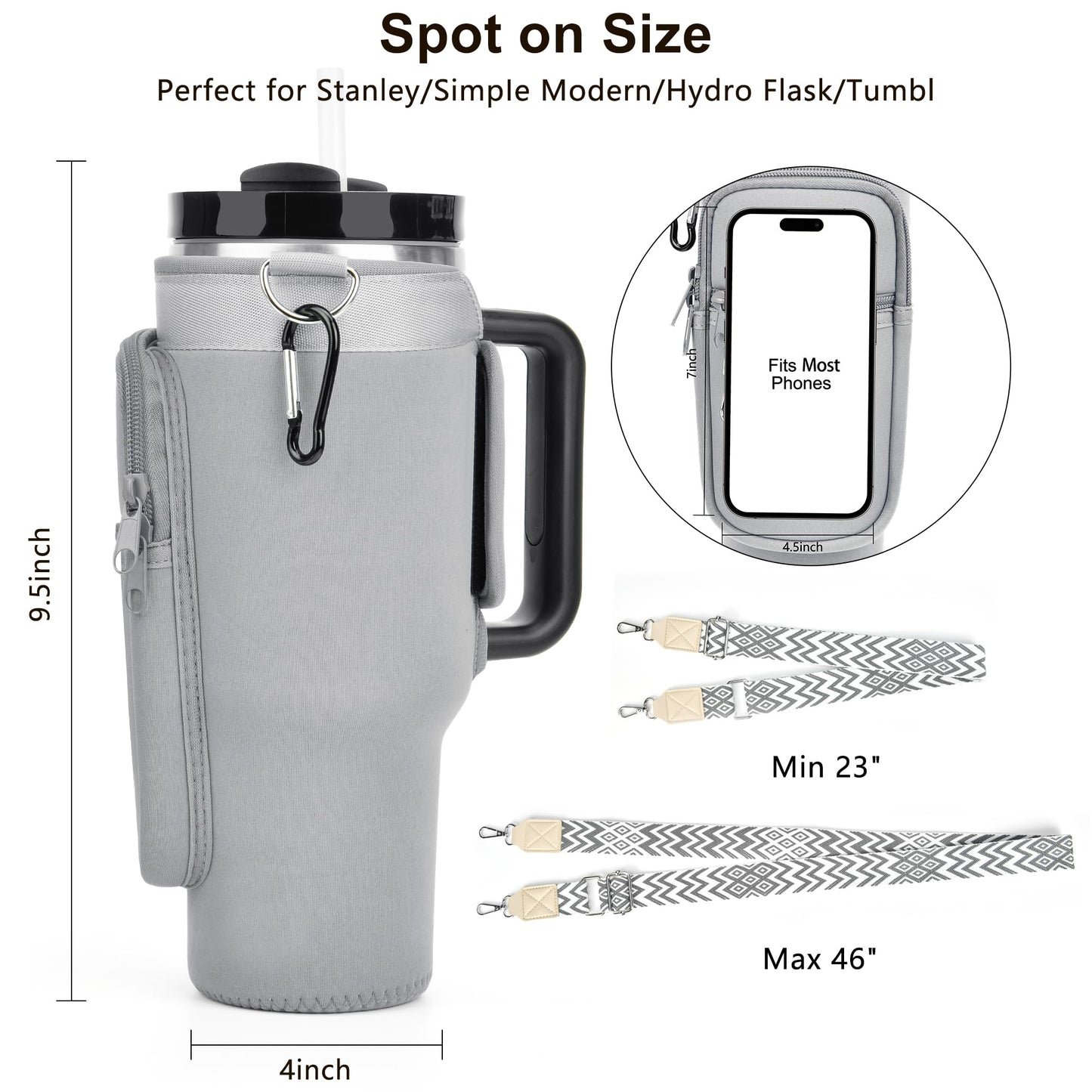 LOKASS Initial Water Bottle Holder with Upgrade Canvas Strap for Stanley 30 oz Tumbler, Gift for Mom Mother's Day Day gifts with Phone Pocket, Personalized Accessories for Stanley Cup, Grey - S