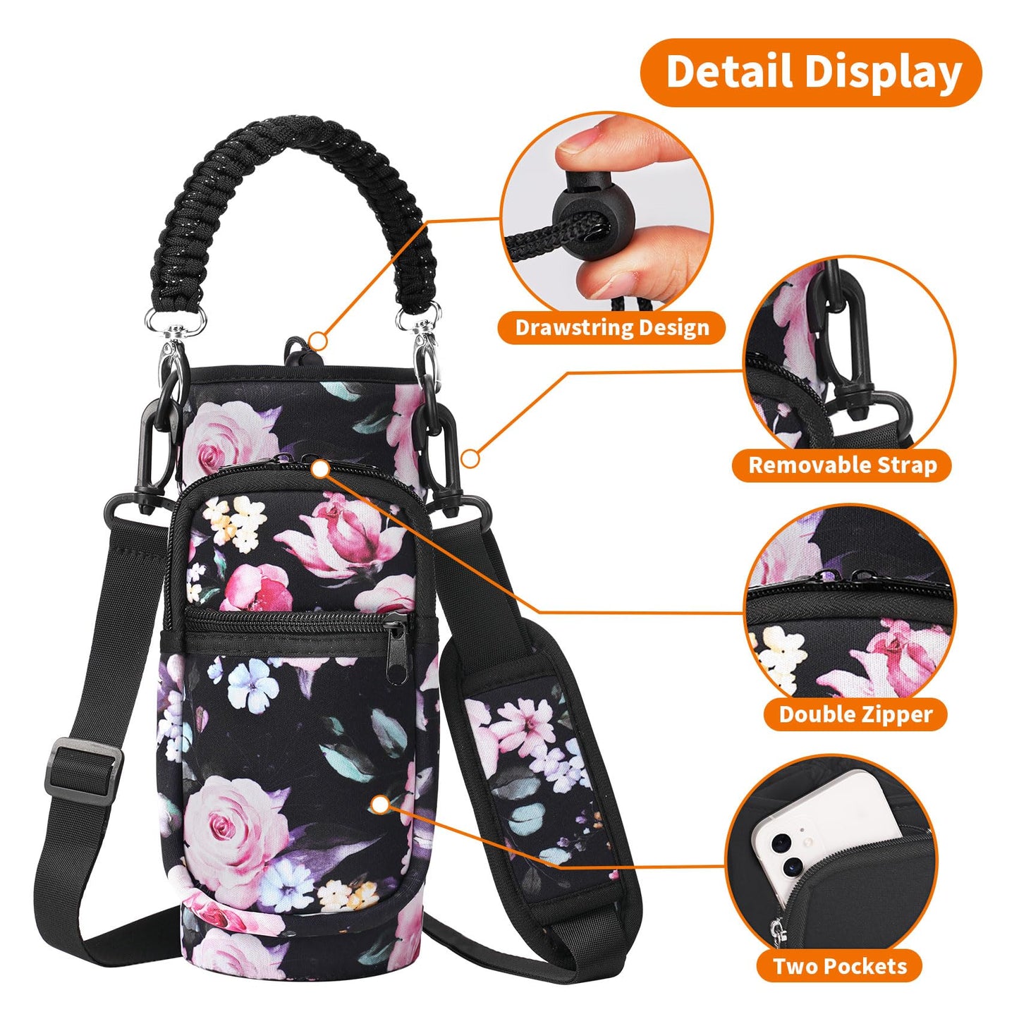 AceTreker Water Bottle Sleeve, 32 oz 40 oz Water Bottle Carrier with Strap & Paracord Handle, Neoprene Insulated Bottle Holder Sling Bag with Phone Pocket for Walking Hiking Sport-Black Flower