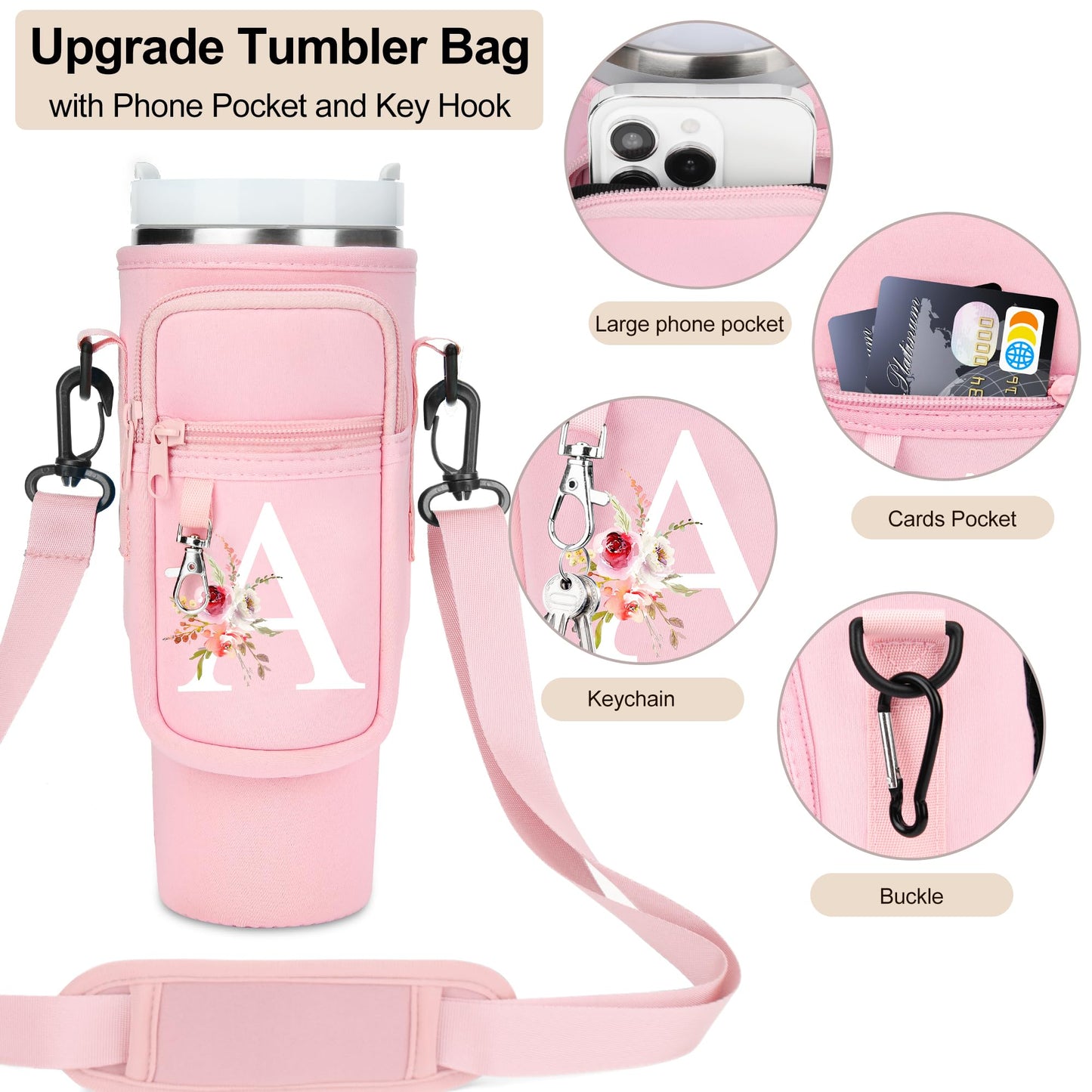 Initial Water Bottle Holder with Strap for Stanley 40 oz Tumbler/Simple Modern 40 oz Tumbler,Water Bottle Carrier Bag with Strap,Personalized A-Z Phone Pocket for Stanley Cup Accessories