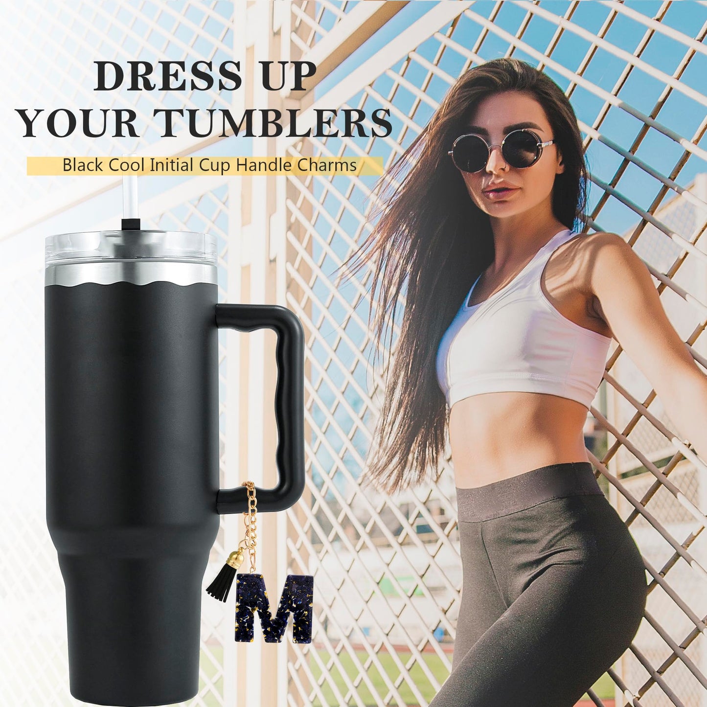 Letter Charm Accessories for Stanley Cup 1 PCS Cute Initial Keychain Handle Charm for Stanley Tumbler for Women Black Letter M