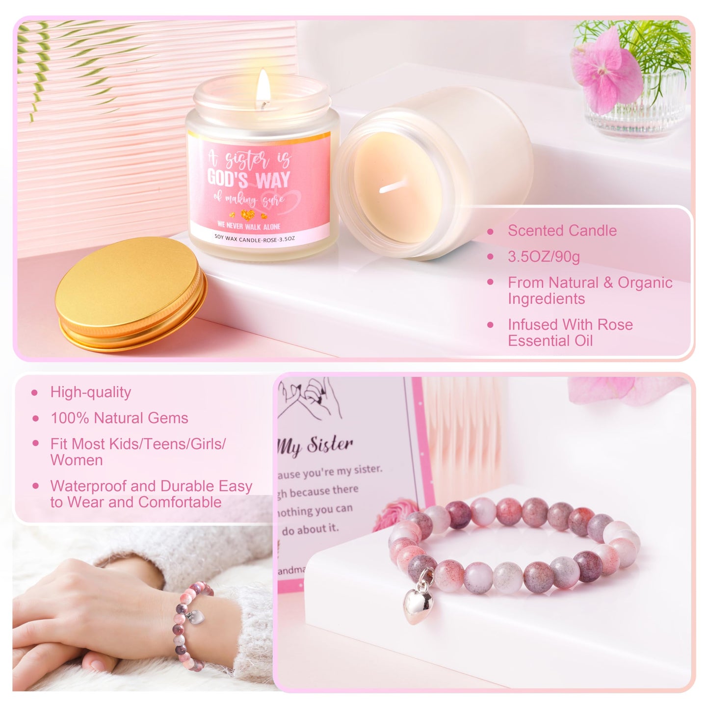 Sisters Birthday Gifts for Women Teen Girl, Best Friend Birthday Gifts Unique Friendship Gifts for Bestie BFF Friends Female Soul Sister Birthday Christmas Gift (Sisters Gifts-Pink)