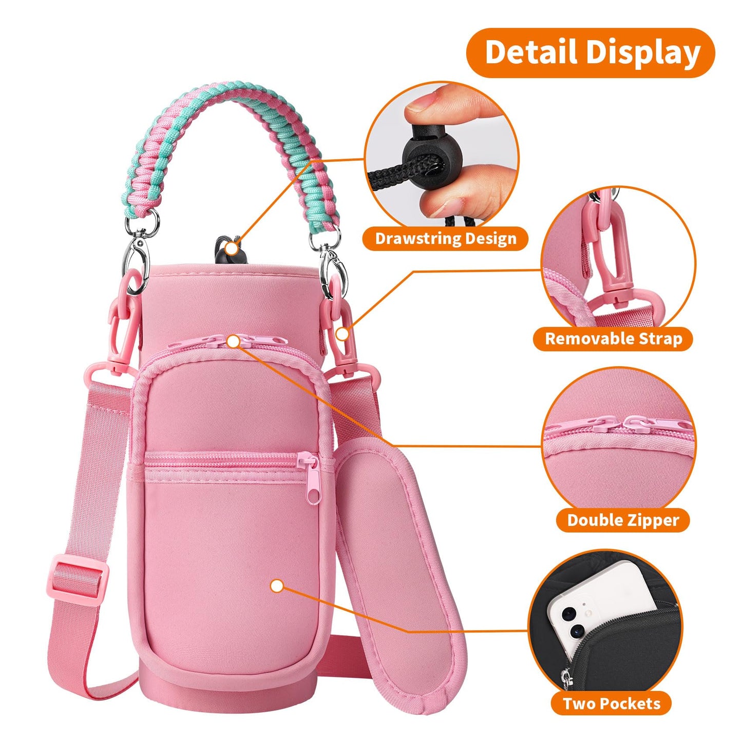 AceTreker 32 oz 40 oz Water Bottle Carrier with Strap, Sport Water Bottle Sleeve with Pocket & Paracord Handle, Insulated Flask Water Bottle Sling Bag for Walking, Hiking-Pink