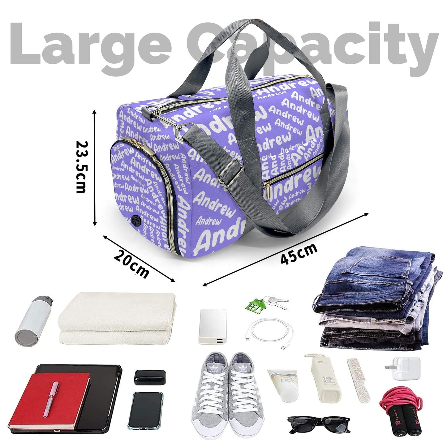 Customized Travel Duffel Bag with Name Weekender Overnight Bags Light Purple Personalized Sports Gym Bag Waterproof Luggage Bag for Women
