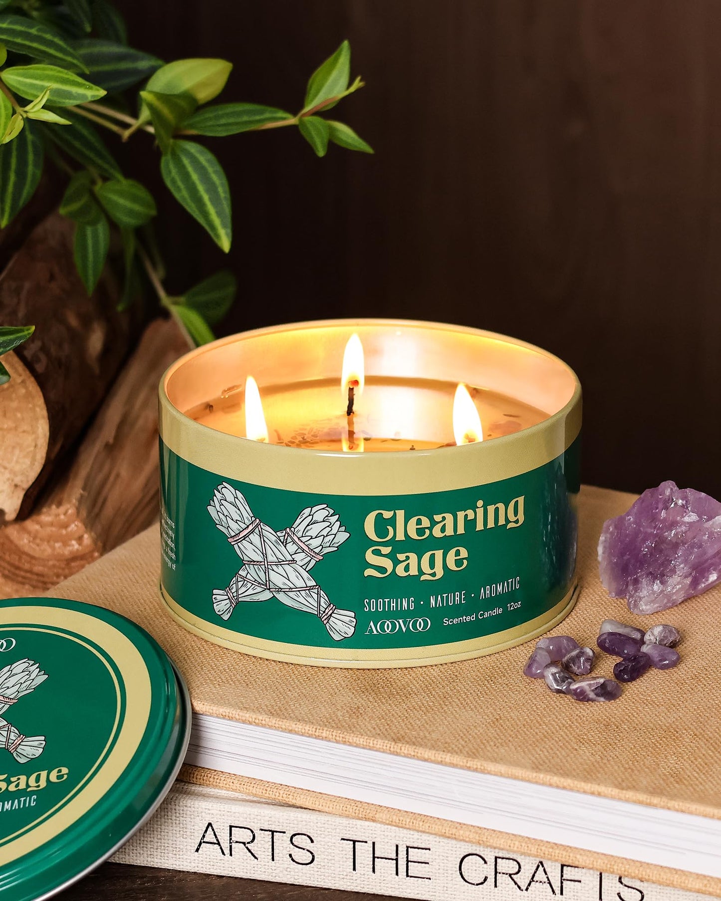 AOOVOO Sage Candle for Cleansing - 3 Wick 12oz Large Scented Candle with Crystals & Sage Leaves Inside, Soy Candles Non Toxic for Meditation Spiritual Gift, Aromatherapy Candle for Women Men