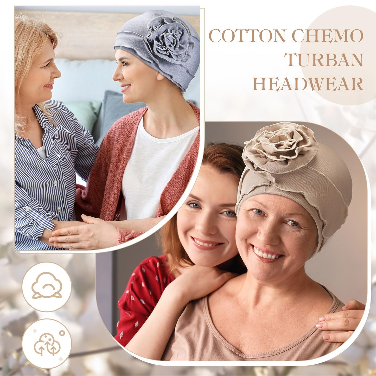 JenPen 4 Pcs Cotton Beanie Turban Headwear for Women Soft Cancer Chemo Head Scarf Hats Elastic Covers Wraps for Women's Hair (Elegant Colors,Flower)