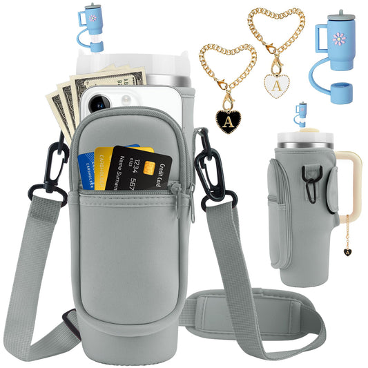 Water Bottle Carrier Bag with Strap for Stanley Cup 40oz Tumbler with Phone Pocket, Keychain Accessories for Stanley Cup Handle, Women Personalized Accessories for Stanley Cup