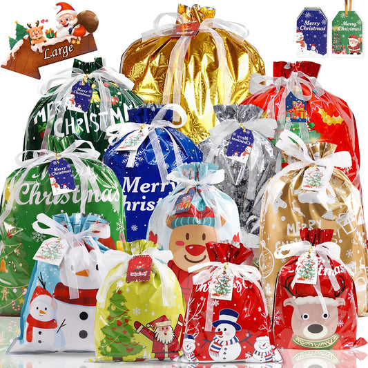 Christmas Bags 30Pcs Christmas Drawstring Gift Bags Assorted Sizes Large Medium Small Wrapping Bags 12 Design Goody Bags for Presents with Tags Xmas Gift Bags for Party
