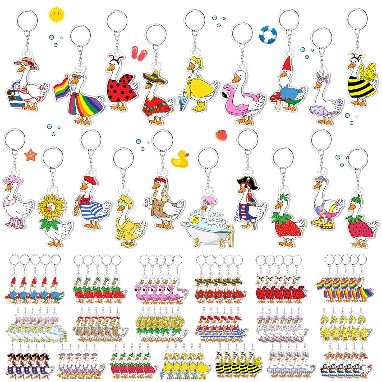 100 Pcs Cute Silly Goose Keychains Bulk, 19 Styles Featuring Pirate Bee Lifeguard Gnome Strawberry, Funny Acrylic Silly Goose Key Chains for Birthday Party Favors Game Prizes Classroom Teen Gifts
