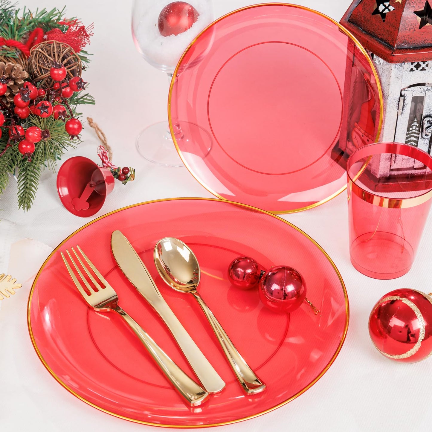 LIYH 180 Pcs Clear Red Plastic Plates Disposable - Red Dinnerware Set, Include Red and Gold Plates, Dinner Plate, Dessert Plate, Gold Plastic Silverware for Birthday Party