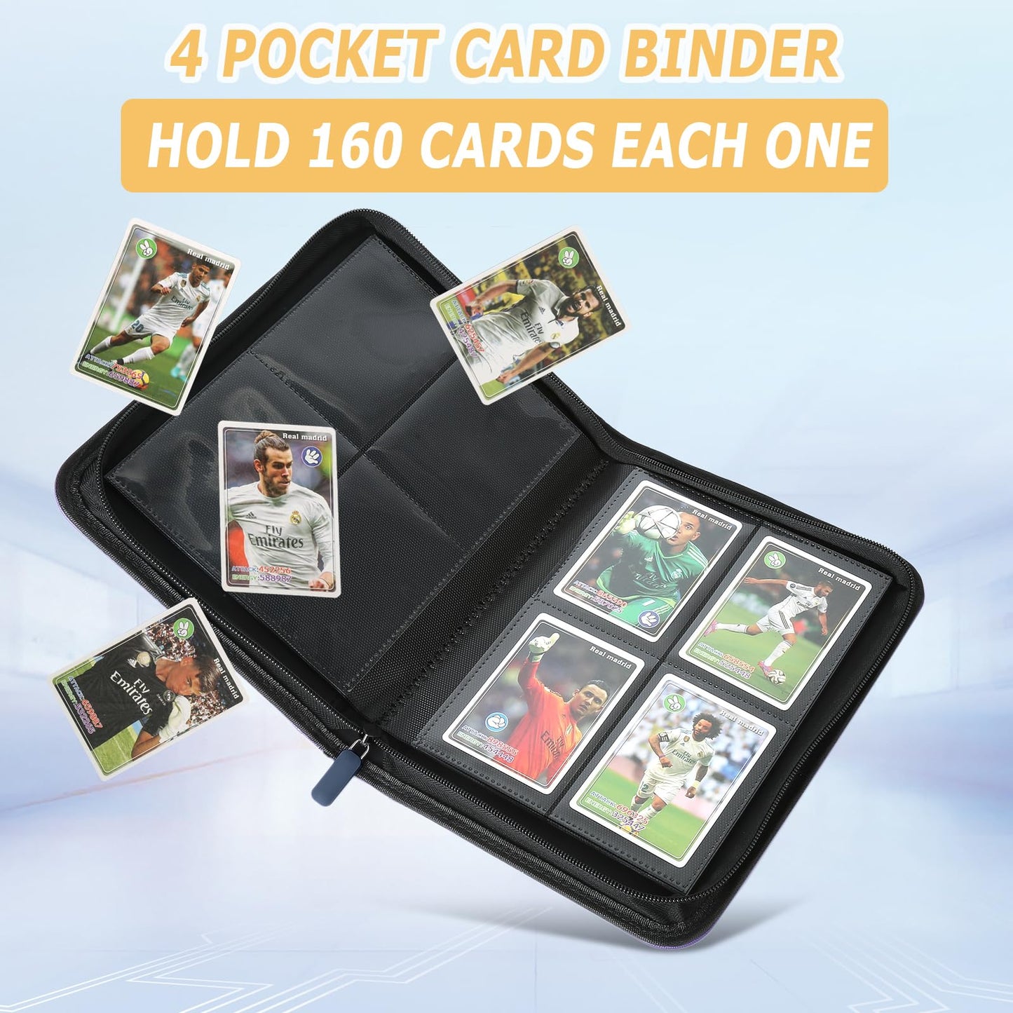 Trading Card Binder 4 Pocket, GERMUN PU Cover Card Binder for 160 Cards, Premium Trading Card Holder Folders, Double Sided Pocket Card Album for MTG, TCG (Blue)