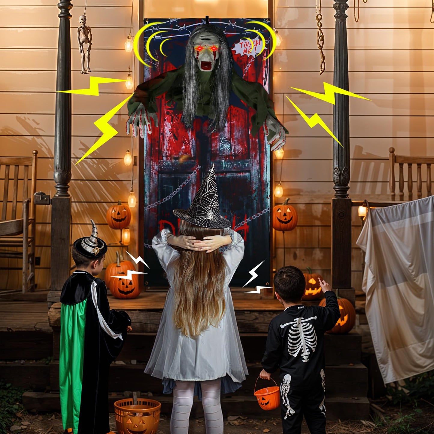 GUDELAK 6.6FT Animated Hanging Halloween Decorations Outdoor Zombie with Light Up Red Eye, Halloween Door Decorations with Halloween Backdrop, green, W-GS-GG-CK-KYB-1