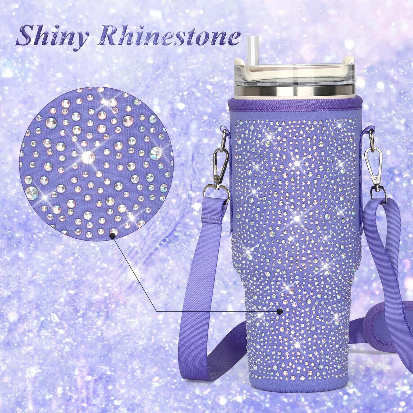 GOEWY Bling Water Bottle Carrier Bag for Stanley 40oz Tumbler Sparkling Rhinestone Water Bottle Holder with Adjustable Strap Neoprene Water Bottle Pouch for Stanley Cup Accessories