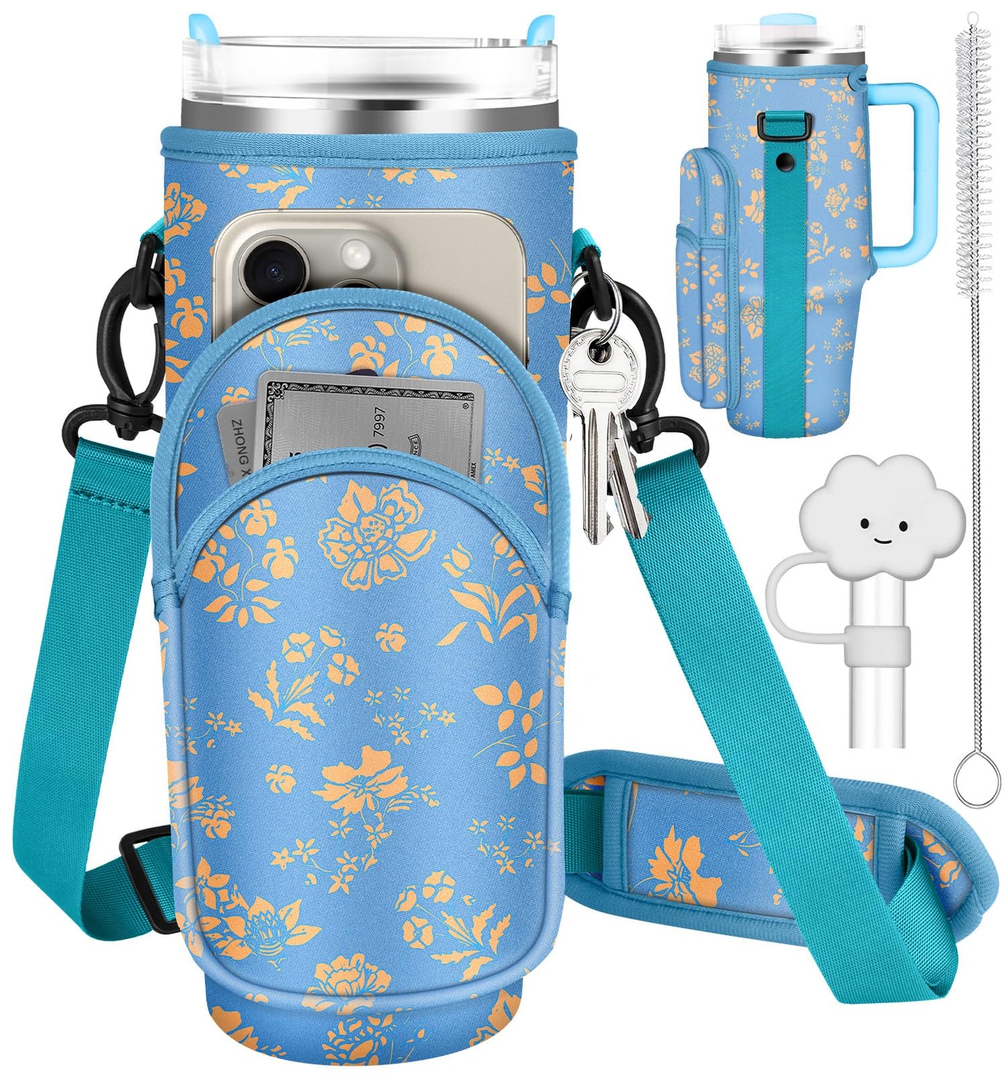 Toykee Water Bottle Holder Carrier Bag for Stanley 40 OZ Tumbler with Strap Phone Pocket, Blue Wrap Around Drink Cup Purse Pouch with Straw Cover Cleaner Brush Accessories Flower Print