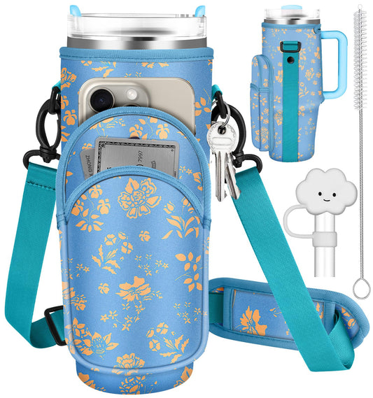 Toykee Water Bottle Holder Carrier Bag for Stanley 40 OZ Tumbler with Strap Phone Pocket, Blue Wrap Around Drink Cup Purse Pouch with Straw Cover Cleaner Brush Accessories Flower Print