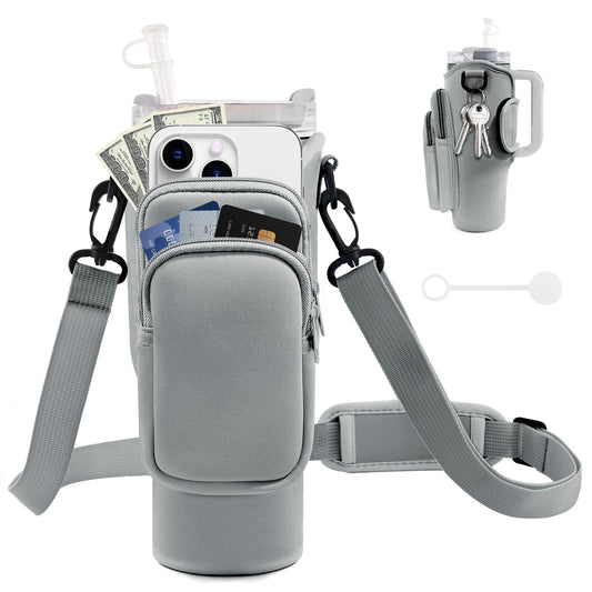 JEBEALUO Water Bottle Carrier Bag with Phone Pocket for Stanley Cup 40/30 oz, Water Bottle Holder with Adjustable Strap& Straw Cover, Stanley Cup Accessories (Grey)