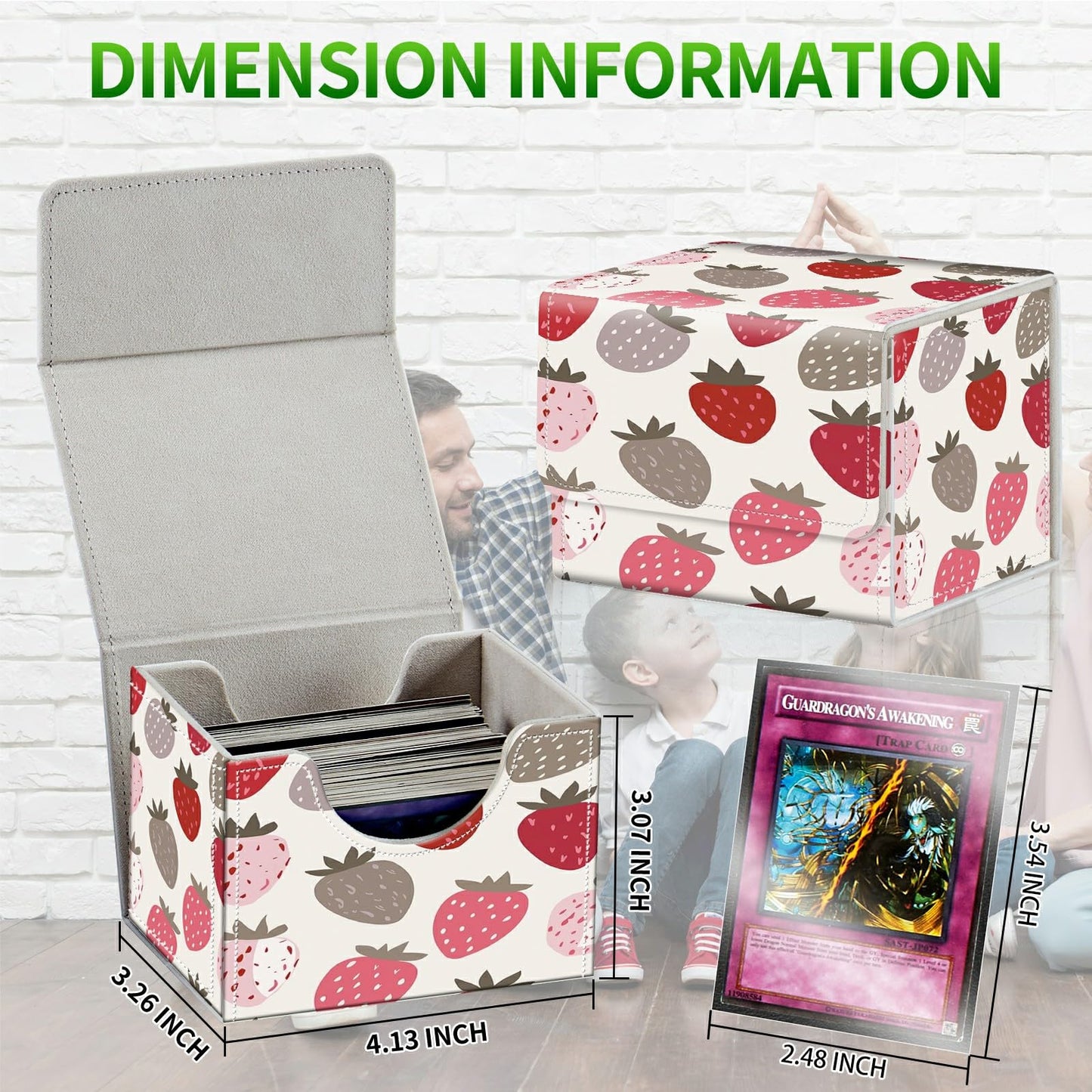 RWUTYTIUL Card Deck Box for MTG Cards, Card Storage Box Fits 100+ Sleeved Cards, PU Leather Large Size Strong Magnet Card Deck Case Holder for Board Game Magic MTG TCG CCG, Strawberry