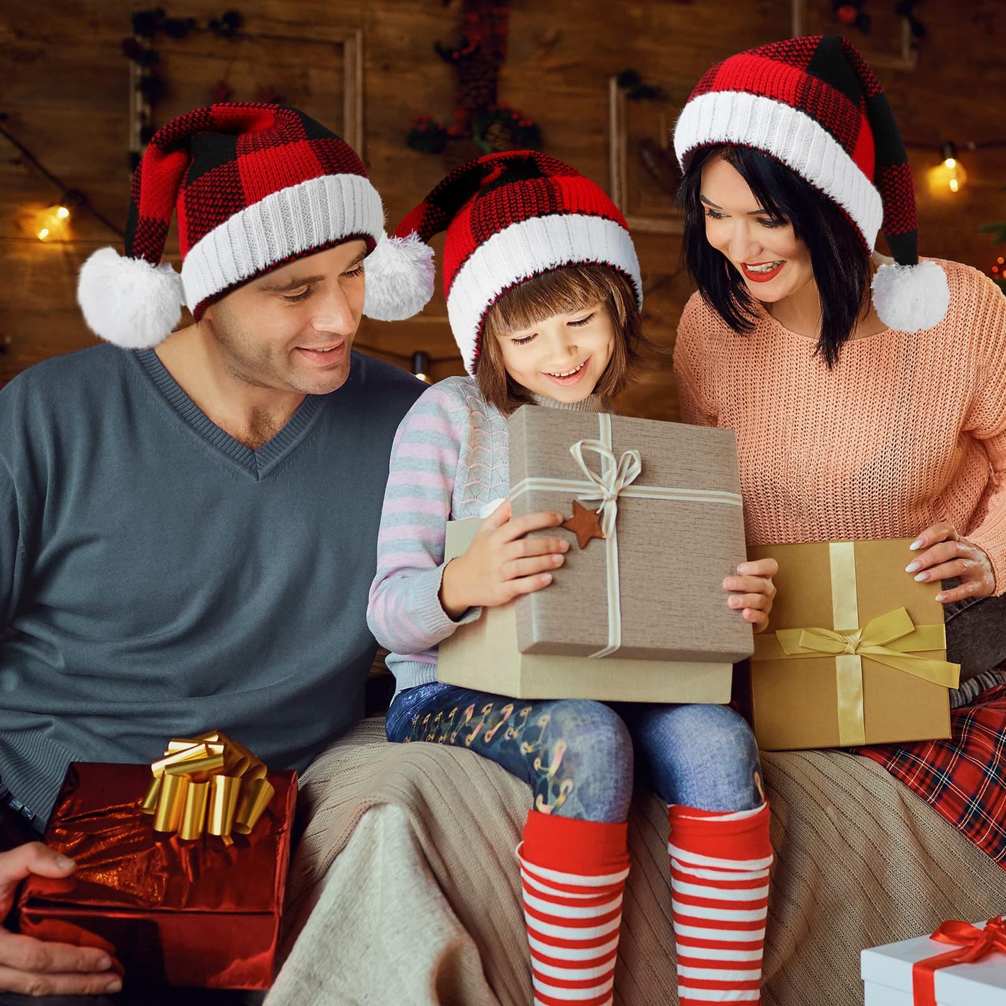 Loopeer 3 Pieces Christmas Hats Christmas Knitted Caps Winter Warm Beanie Plaid Hats with Pom Pom Santa(Red, Black)