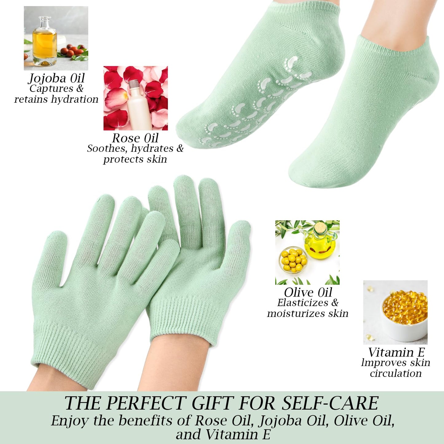 Piriuuo Moisturizing Gloves and Socks, Gel Spa Moisturizing Therapy Sock ＆ Glove Hand Masks Moisturizing Glove Gel Gloves for Dry Hands Soften Repairing Dry Cracked Hands Feet Skin Care(Green)
