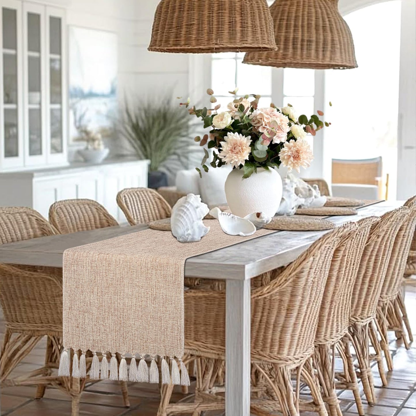 yuboo Boho Table Runner 108 inches Long, Rustic Farmhouse Dresser Runners for Bedroom, Dining Table, Summer Table Decor, Bridal Shower, Burlap Linen Table Runner (15x108 Tassels Included)