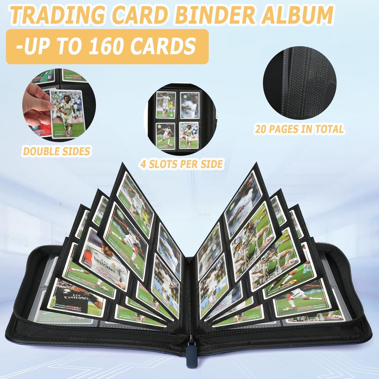 Trading Card Binder 4 Pocket, GERMUN PU Cover Card Binder for 160 Cards, Premium Trading Card Holder Folders, Double Sided Pocket Card Album for MTG, TCG (Blue)