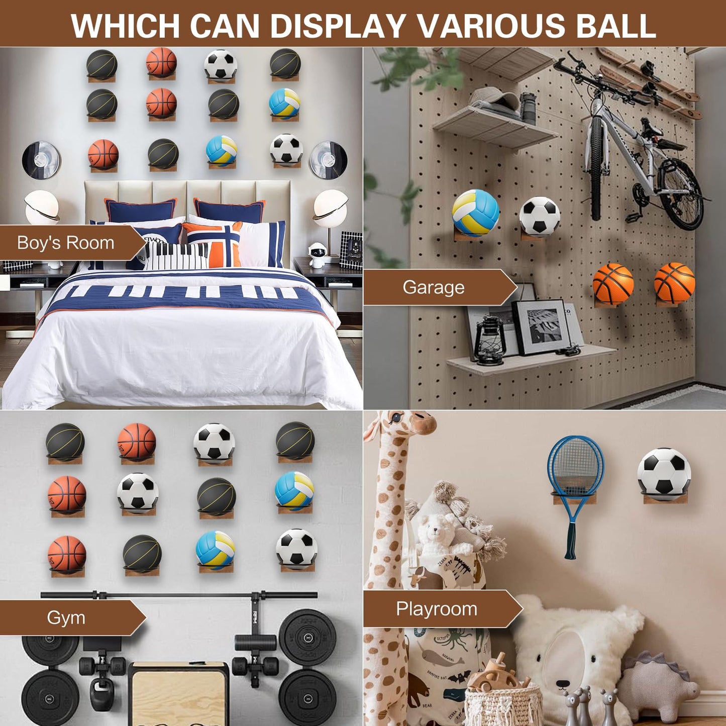 JOINSI 2PCS Wood Basketball Holder Wall Mounted, Ball Organizers Rack Display Wall Storage for Soccer, Volleyball, Rugby, Football