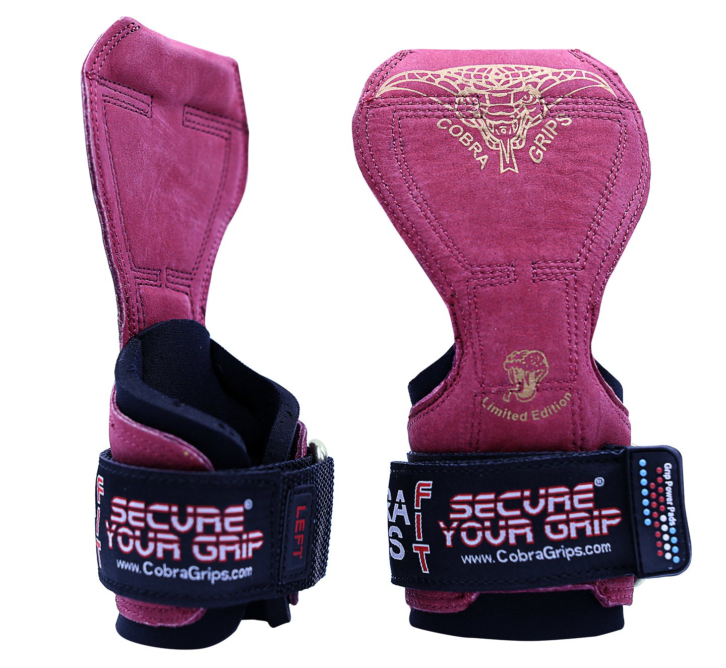 Cobra Grips PRO Weight Lifting Gloves Heavy Duty Straps Alternative to Power Lifting Hooks for Deadlifts with Built in Adjustable Neoprene Padded Wrist Wrap Support Bodybuilding (FIT Red Leather)