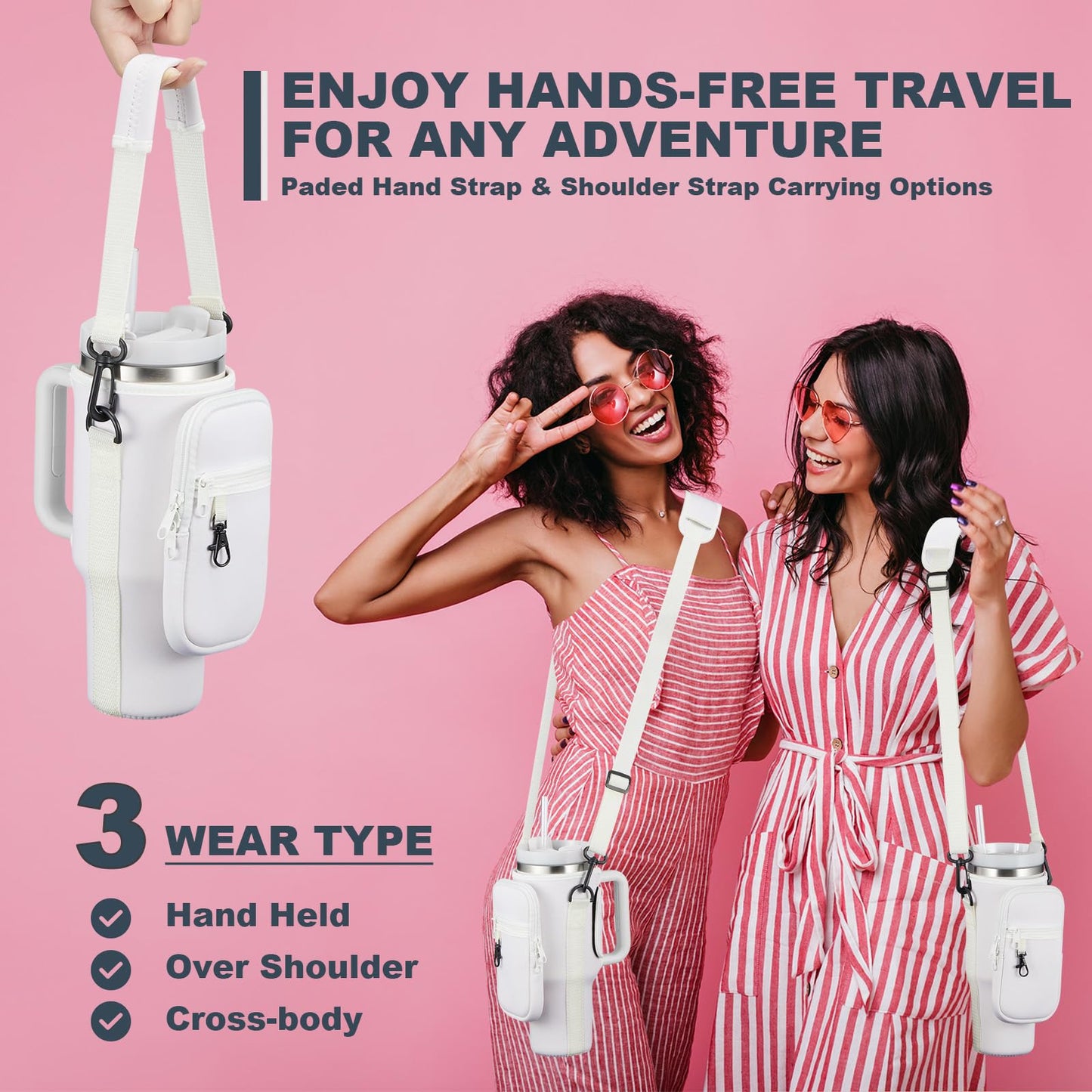 BULKITEM 30oz Water Bottle Carrier Bag with Phone Pocket for Cream Stanley 30 oz Tumbler with Handle, Cream Insulated Neoprene Cup Holder Pouch Strap for Stanley Cup Accessories