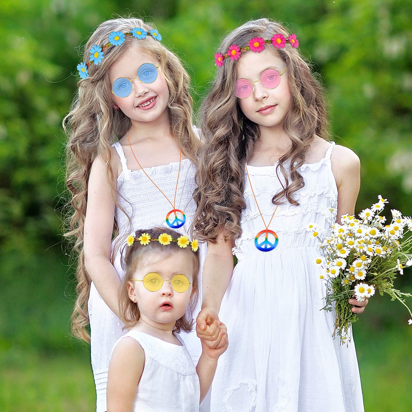TUPARKA 30PCS Hippie Glasses Headband Costume Accessory Set Includes Multicolor Daisy Flower Headbands,Round Hippie Sunglasses and Peace Sign Necklaces for Hippie Party Supplies