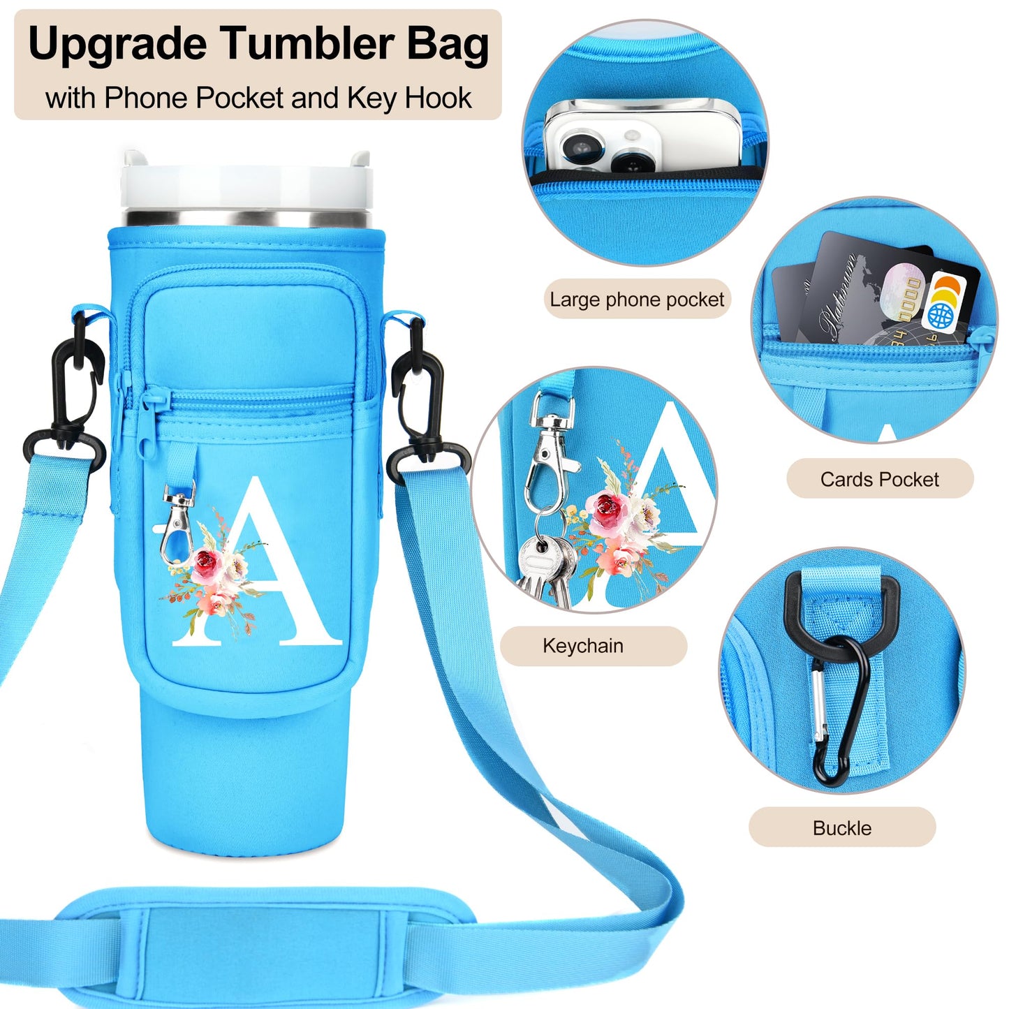 Initial Water Bottle Holder with Strap for Stanley 40 oz Tumbler/Simple Modern 40 oz Tumbler,Water Bottle Carrier Bag with Strap,Personalized A-Z Phone Pocket for Stanley Cup Accessories