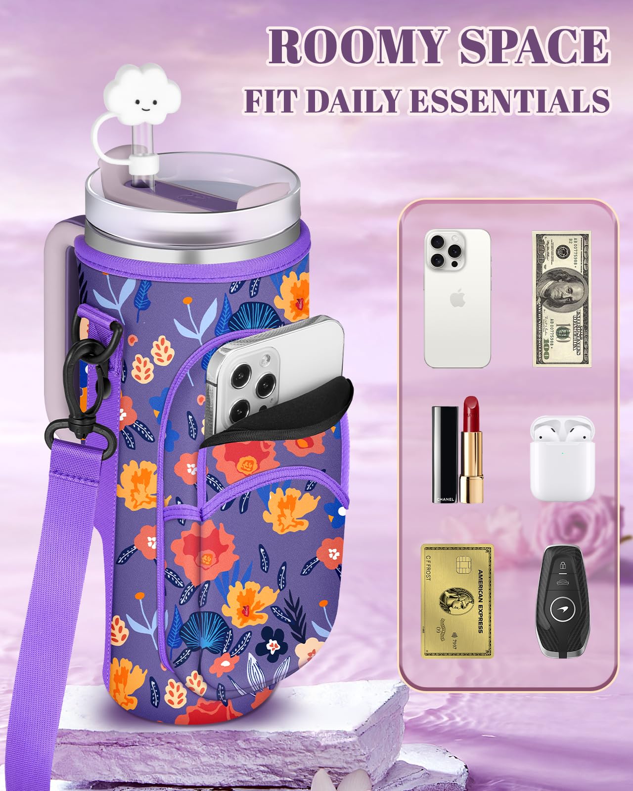Toykee Water Bottle Holder Carrier Bag for Stanley 40 OZ Tumbler with Strap Phone Pocket, Purple Wrap Around Drink Cup Purse Pouch with Straw Cover Cleaner Brush Accessories Flower Print