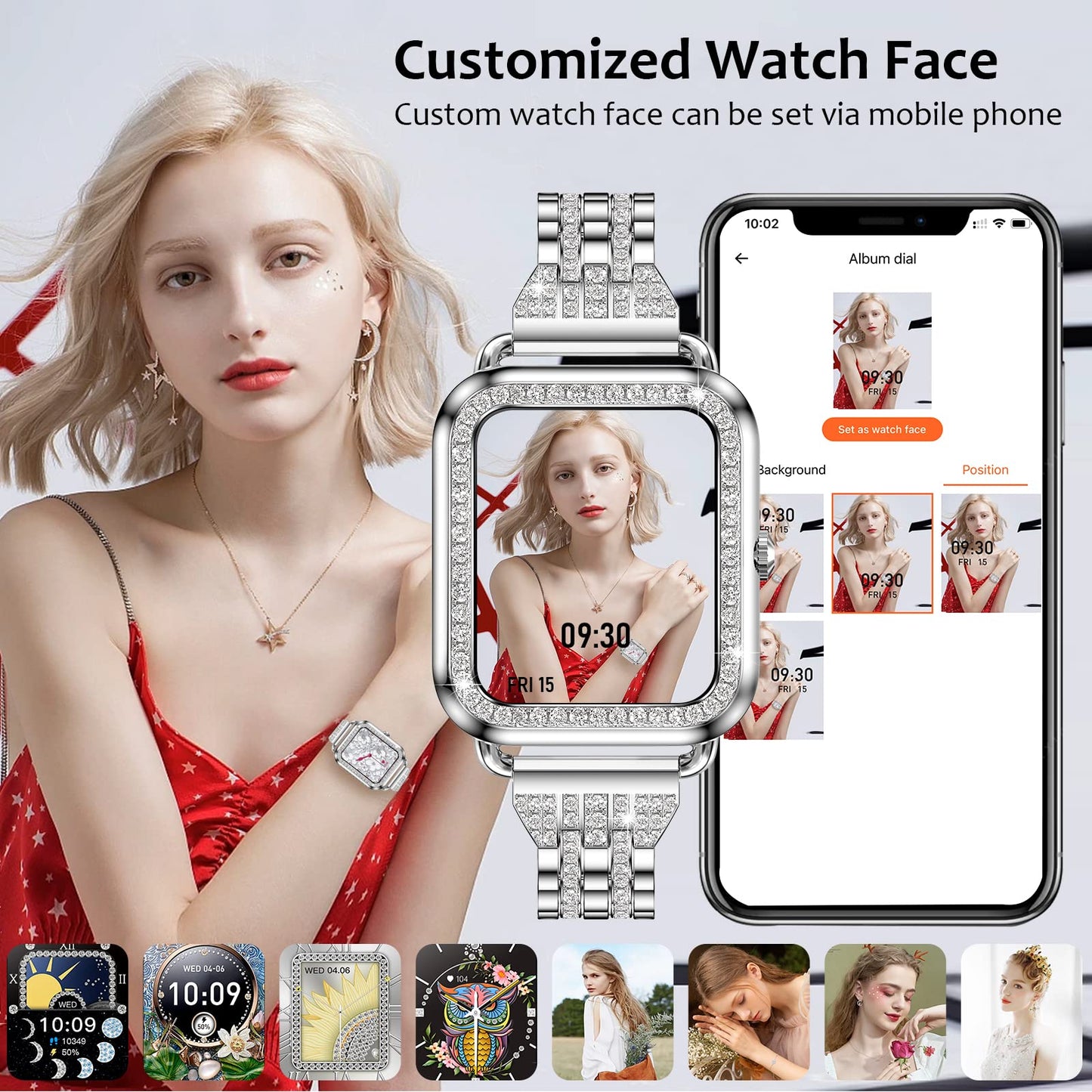 Efolen Smart Watches for Women with Diamonds (Answer/Make Call), 1.57'' Bluetooth Smartwatch for Android iOS Phones, Waterproof Fitness Tracker with Heart Rate/SpO2/Sleep/BP/AI Voice (Silver)