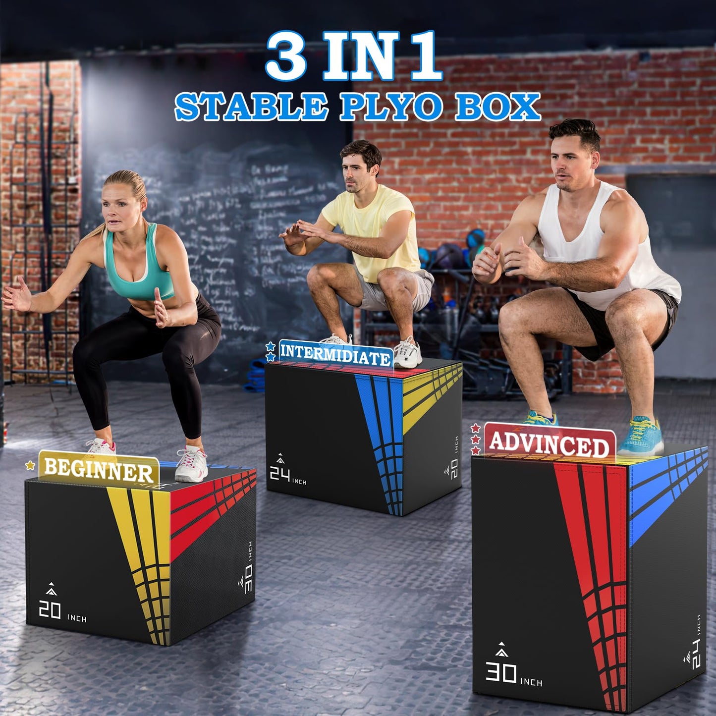 XDDIAS 3-in-1 Foam Plyometric Jump Box,Stable Plyo Box Covered with 3MM Anti-Slip Particles,30”x24”x20”Stable Box Jumps for Home Gym Fitness Workout Training,440lb Weight Capacity
