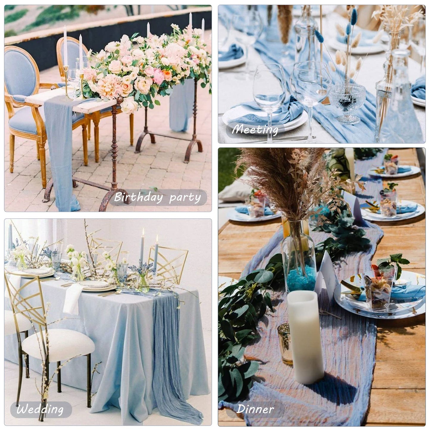 12 Pack 10Ft Cheesecloth Table Runner 35x120 Inch Boho Gauze Table Runner Rustic Cheese Cloth Long Table Runner Romantic Table Runner for Wedding Bridal Shower Birthday Party Table Decor (Dusty Blue)