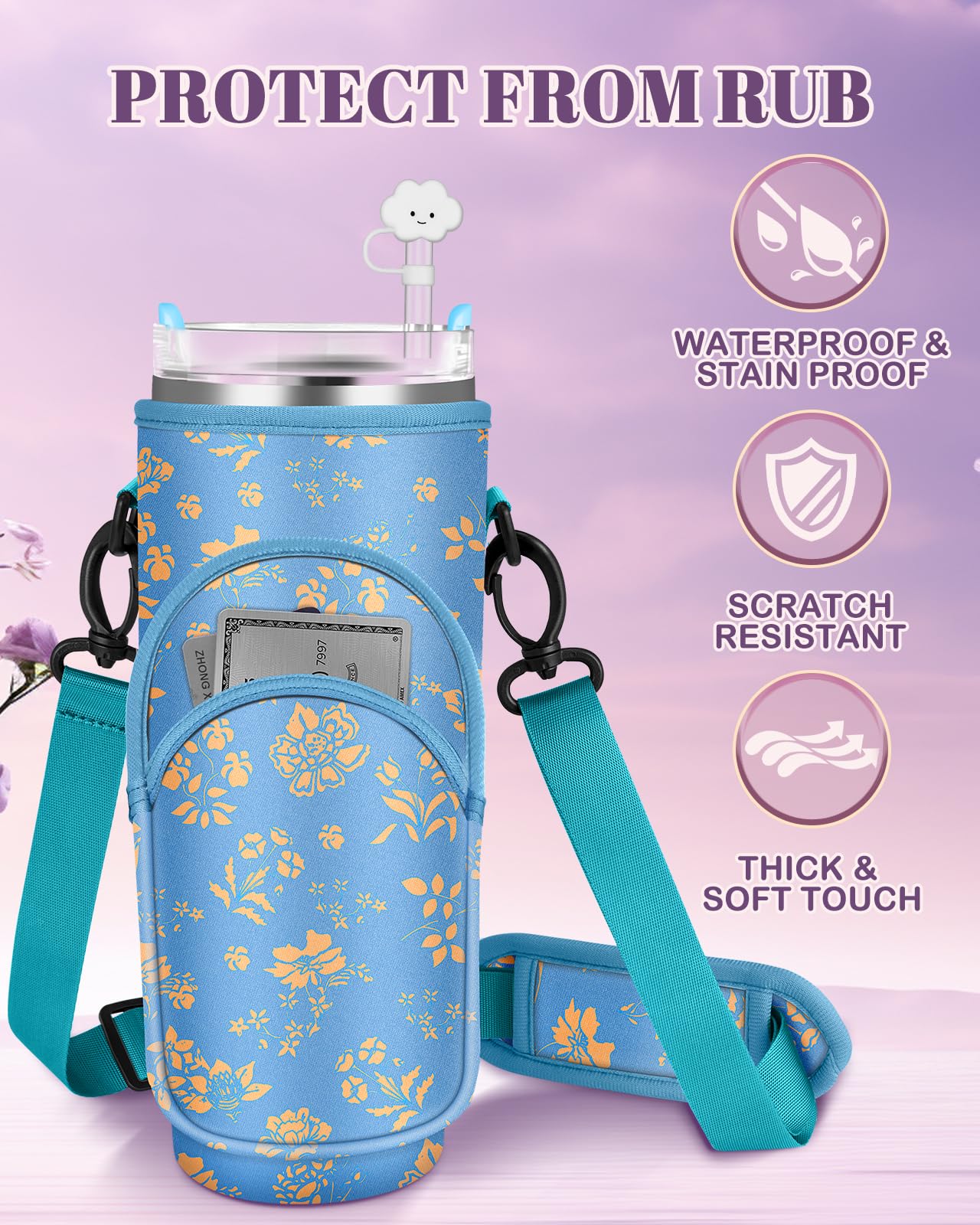 Toykee Water Bottle Holder Carrier Bag for Stanley 40 OZ Tumbler with Strap Phone Pocket, Blue Wrap Around Drink Cup Purse Pouch with Straw Cover Cleaner Brush Accessories Flower Print