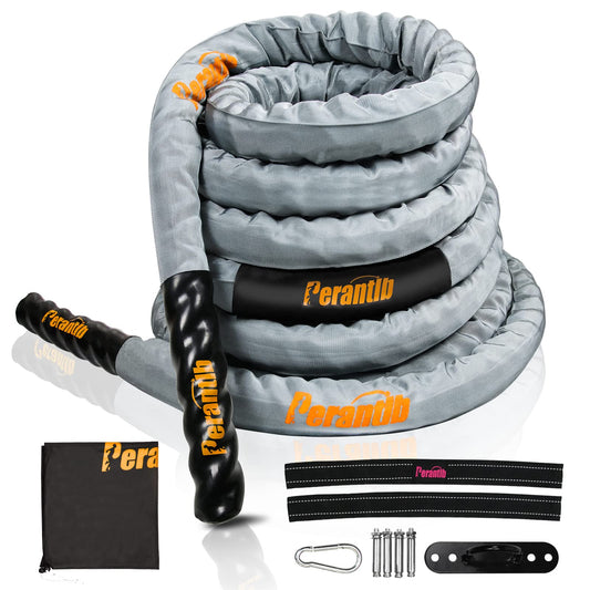 Perantlb Battle Rope with cloth sleeve -1.5/2 Inch Diameter 30' 40' 50' Lengths -Gym Muscle Toning Metabolic Workout Fitness, battle rope Anchor Strap Kit Included (1.5" x 40 ft Length)