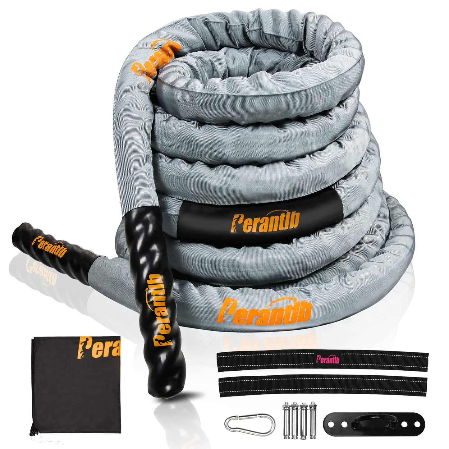 Perantlb Battle Rope with cloth sleeve -1.5/2 Inch Diameter 30' 40' 50' Lengths -Gym Muscle Toning Metabolic Workout Fitness, battle rope Anchor Strap Kit Included (1.5" x 50 ft Length)