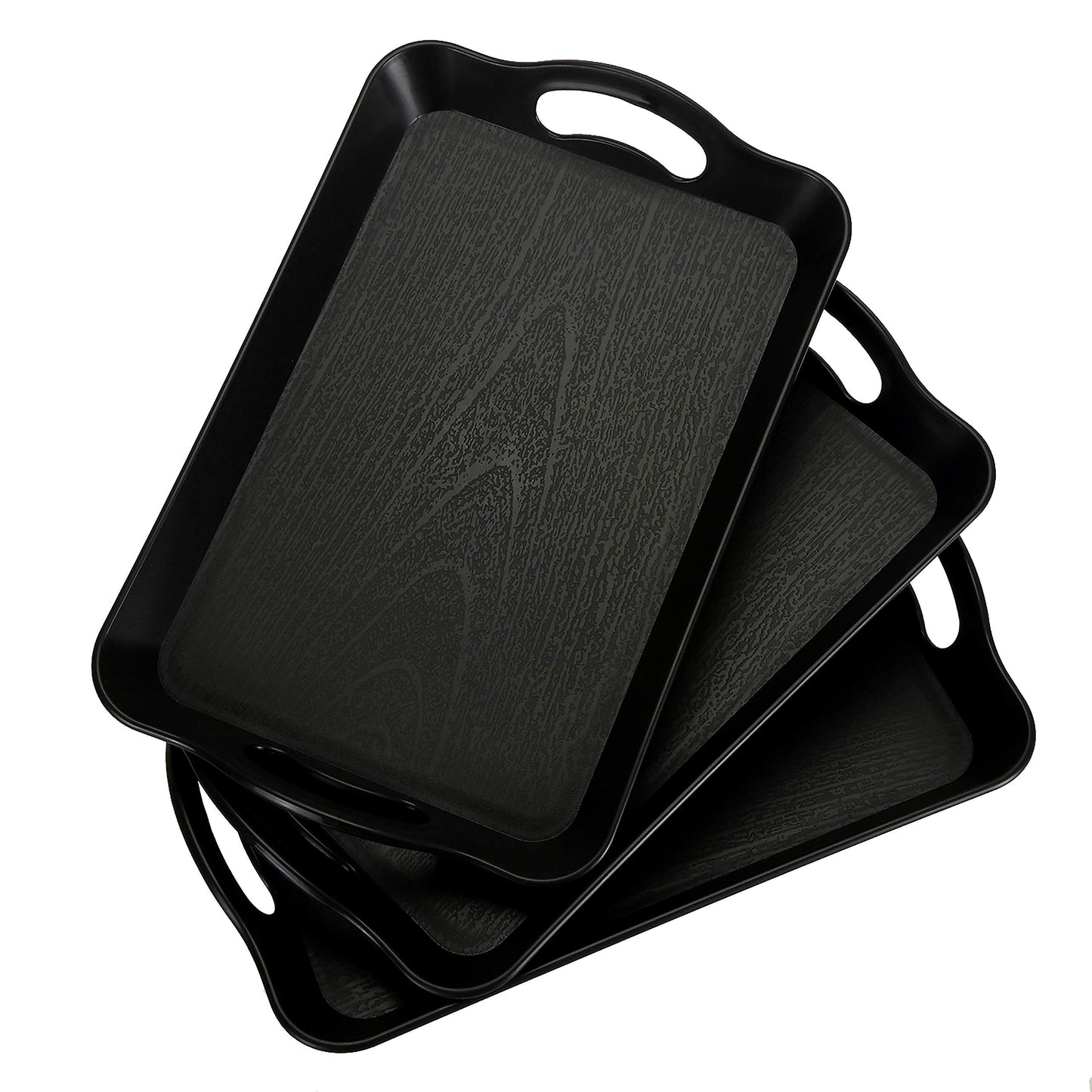 Cedilis 3 Pack Black Serving Trays with Handles,16 x 11IN Rectangular Non Skid Multi-Purpose Plastic OttomanTray for Restaurant, Parties, Coffee Table, Kitchen