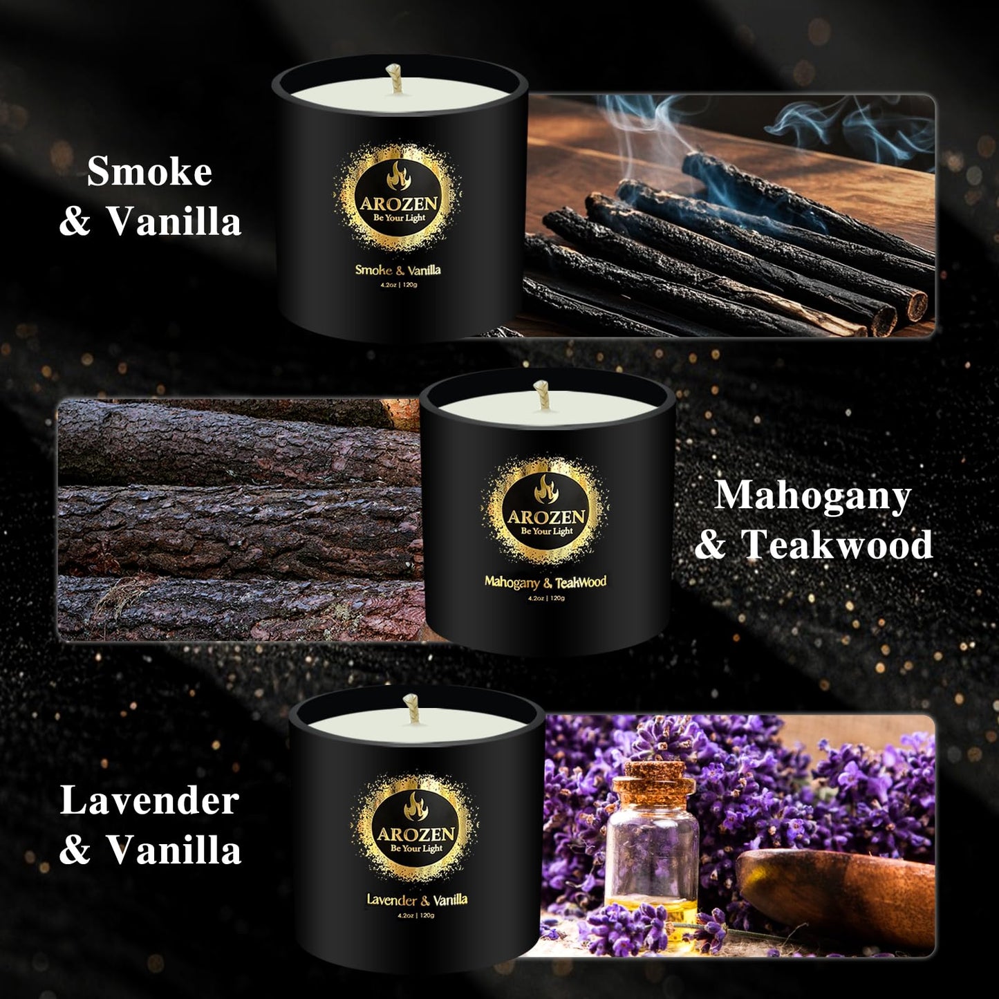 AROZEN 3 Pack Scented Candles Set | Men Candle Gift Set, Aromatherapy Scented Candles for Home, Gifts for Men Dad Fathers Day, Soy Candle of Lavender, Mahogany Teakwood & Smoke Vanilla,70H Burn Time