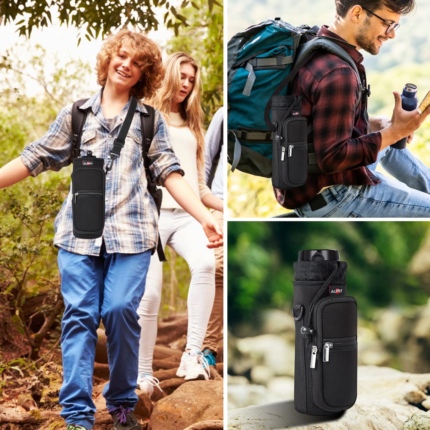 AUPET Water Bottle Sling Bag Sleeve Holder Carrier 25/32/40/64 oz,Insulated Crossbody Water Bottle Case Cover with Strap and Pockets for Men/Women Walking Hiking Camping (25oz, solid black)